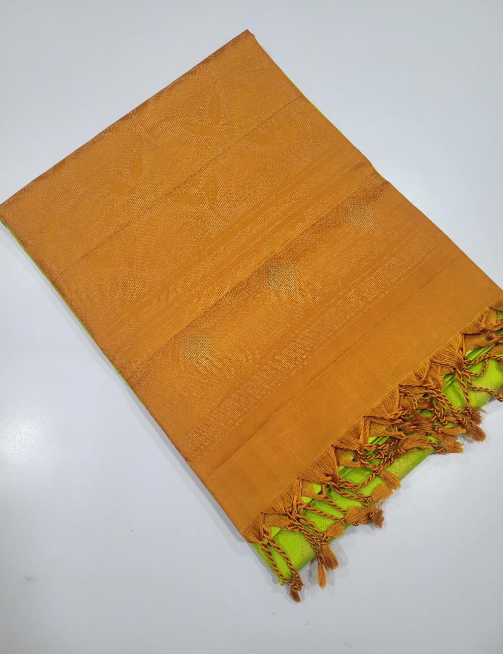 Light Green with Orange Soft Silk Saree with Self Turning border
