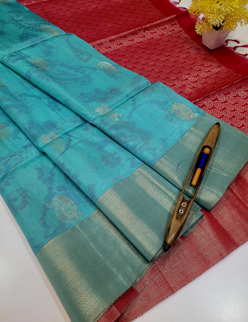 ea Blue & Rani Pink Pochampally Soft Silk Saree | 50% Pure Mix Handloom | Raindrop & Putta Motifs