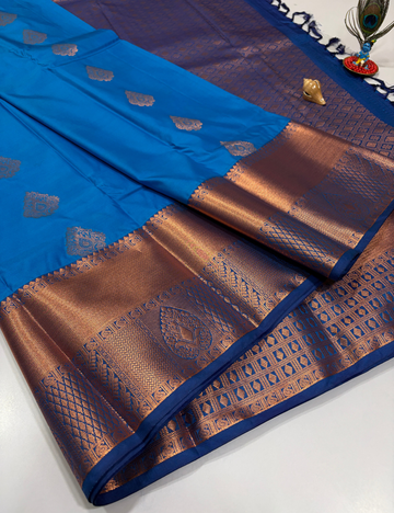 Anantha Blue Semi Soft Silk Saree with Kanchi Border | Navy Blue Pallu & Blouse