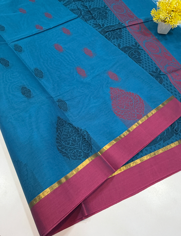 Negamam Pure Cotton Saree – Peacock Blue with Orchid Pink Border