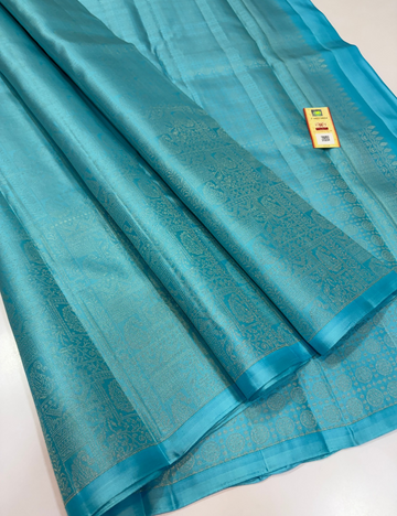 Aqua Blue Handloom Pure Soft Silk Saree with Full Gold Zari Brocade Weaves, Borderless Design & Matching Blouse | Silk Mark Certified