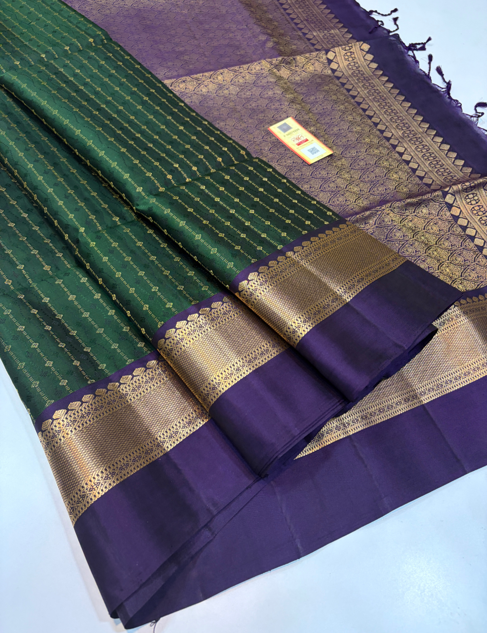 Bottle Green Full Brocade Bridal Handloom Pure Soft Silk Saree with Purple Contrast Kanchi Border | Silk Mark Certified
