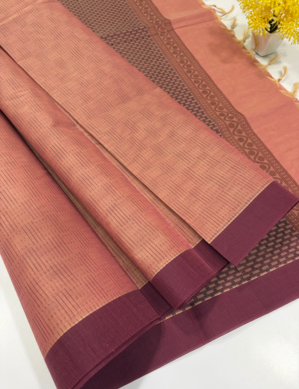 Negamam Pure Cotton Raindrop Design Saree – Peach with Contrast Border