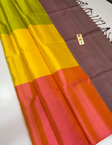 Tricolour Body Pure Soft Silk Saree with Maroon Pallu & Blouse | Elegant Borderless Designer Saree