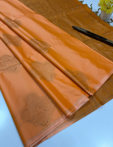 Borderless Semi Softsilk Saree in Peach with Golden Brown