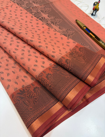 Smoky Red & Onion Dual Tone Semi Silk Cotton Saree with Gold Jari Piping Border & Jacquard Blouse | Turning Border