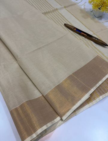Negamam Pure Cotton Saree in Elegant Ivory Beige with Golden Zari Border | Self Design Pallu & Blouse