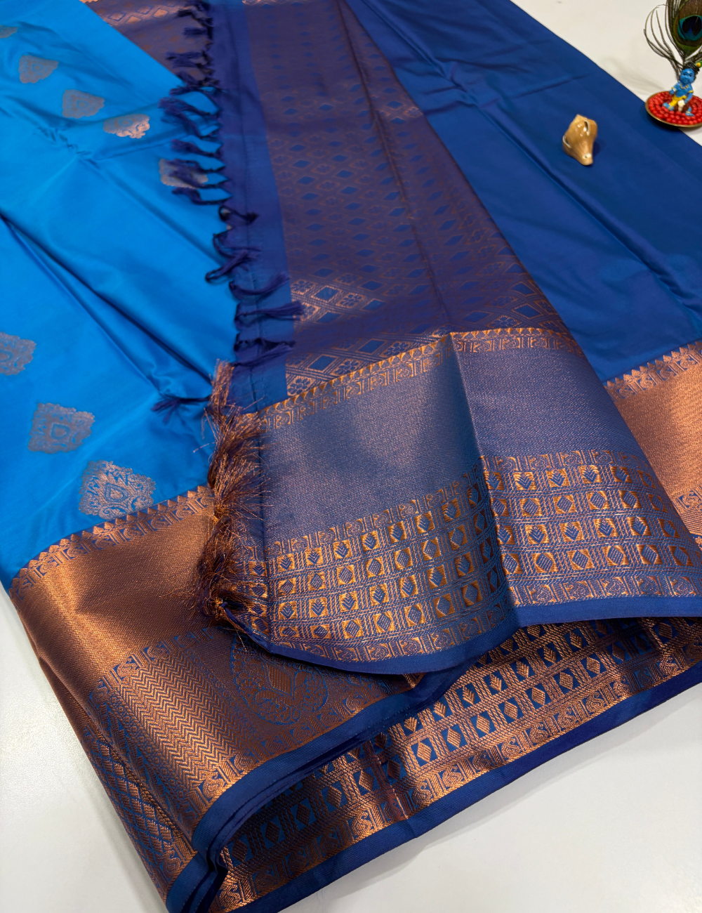 Anantha Blue Semi Soft Silk Saree with Kanchi Border | Navy Blue Pallu & Blouse
