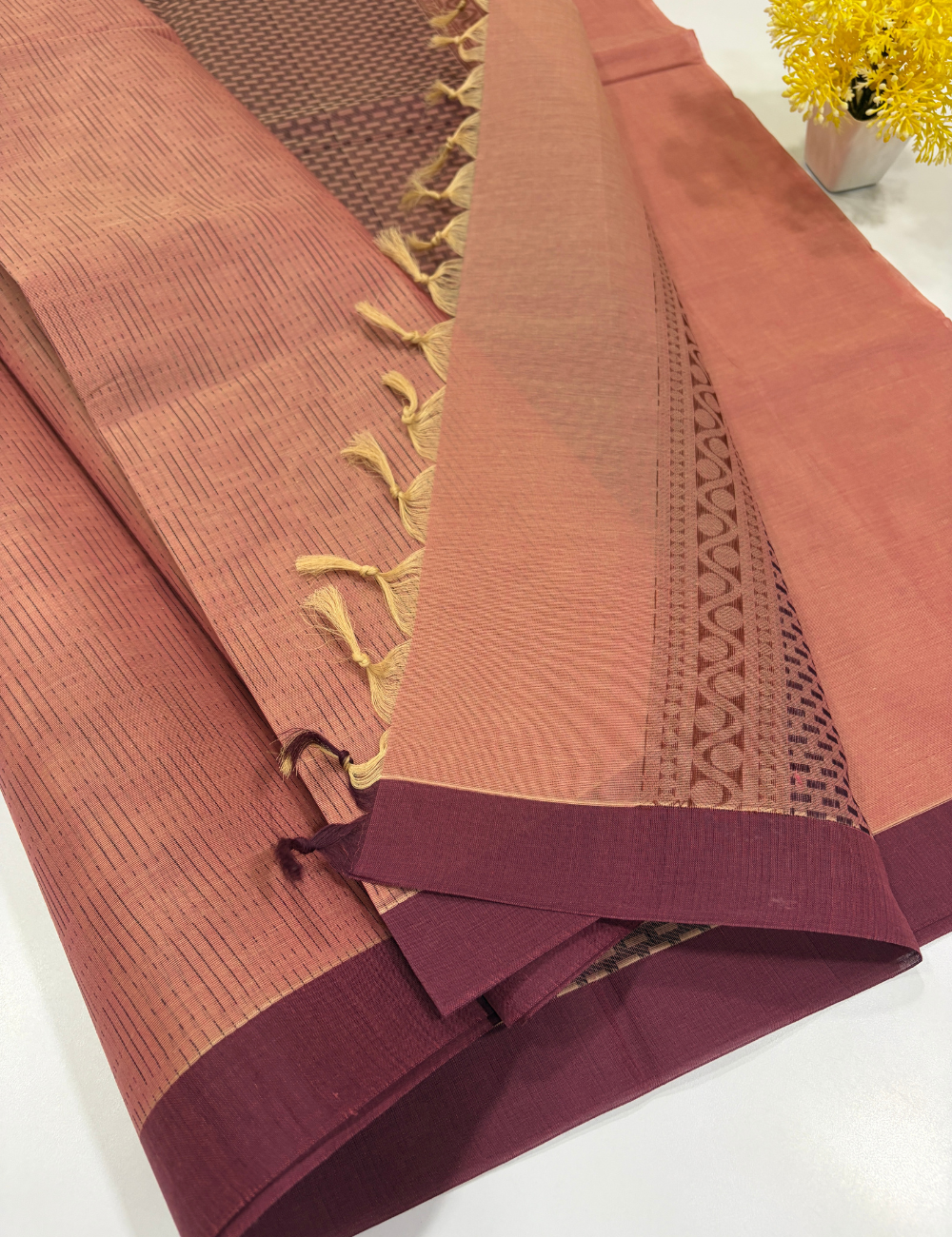 Negamam Pure Cotton Raindrop Design Saree – Peach with Contrast Border