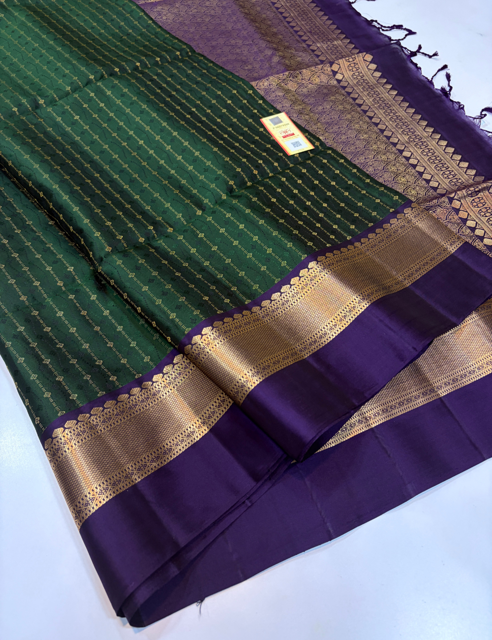 Bottle Green Full Brocade Bridal Handloom Pure Soft Silk Saree with Purple Contrast Kanchi Border | Silk Mark Certified