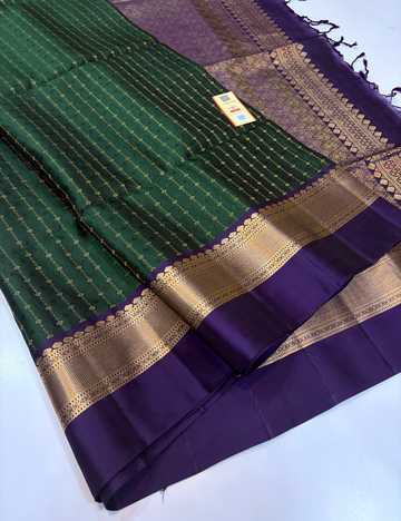 Bottle Green Full Brocade Bridal Handloom Pure Soft Silk Saree with Purple Contrast Kanchi Border | Silk Mark Certified