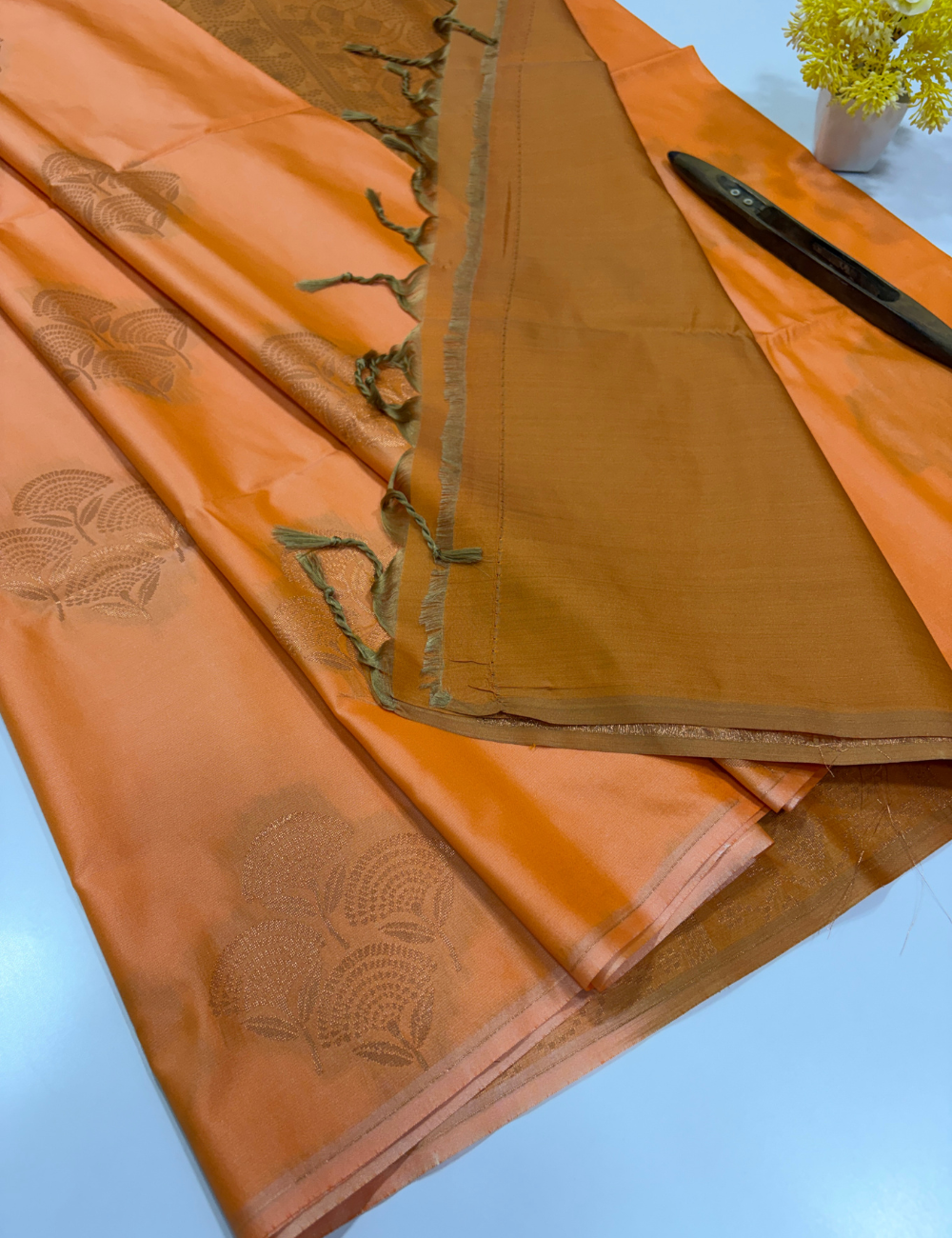 Borderless Semi Softsilk Saree in Peach with Golden Brown