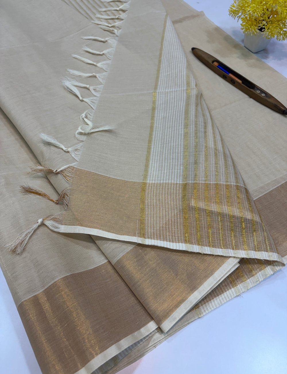 Negamam Pure Cotton Saree in Elegant Ivory Beige with Golden Zari Border | Self Design Pallu & Blouse