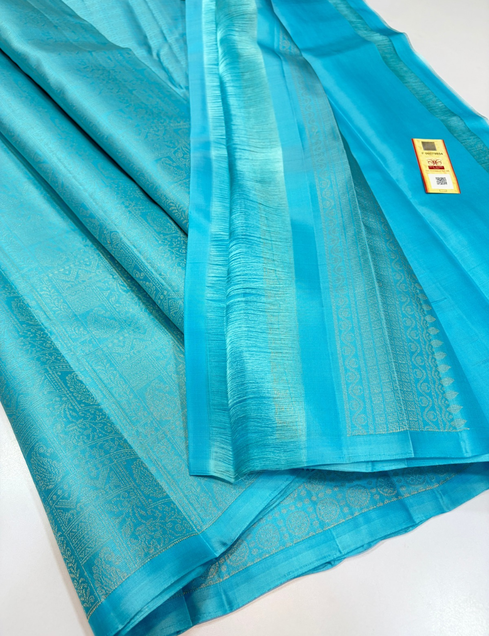 Aqua Blue Handloom Pure Soft Silk Saree with Full Gold Zari Brocade Weaves, Borderless Design & Matching Blouse | Silk Mark Certified