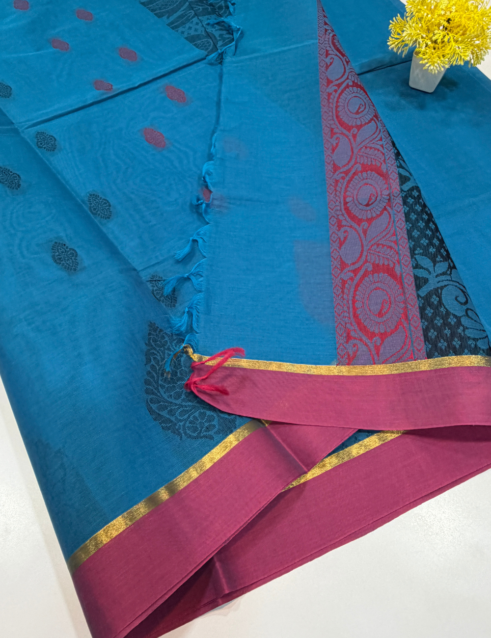 Negamam Pure Cotton Saree – Peacock Blue with Orchid Pink Border