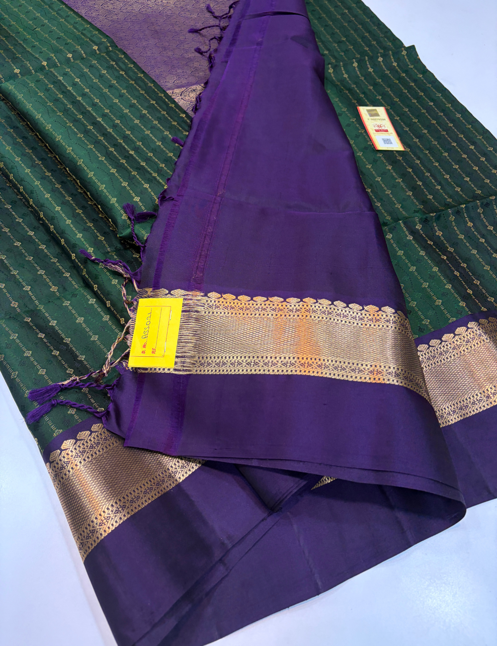 Bottle Green Full Brocade Bridal Handloom Pure Soft Silk Saree with Purple Contrast Kanchi Border | Silk Mark Certified