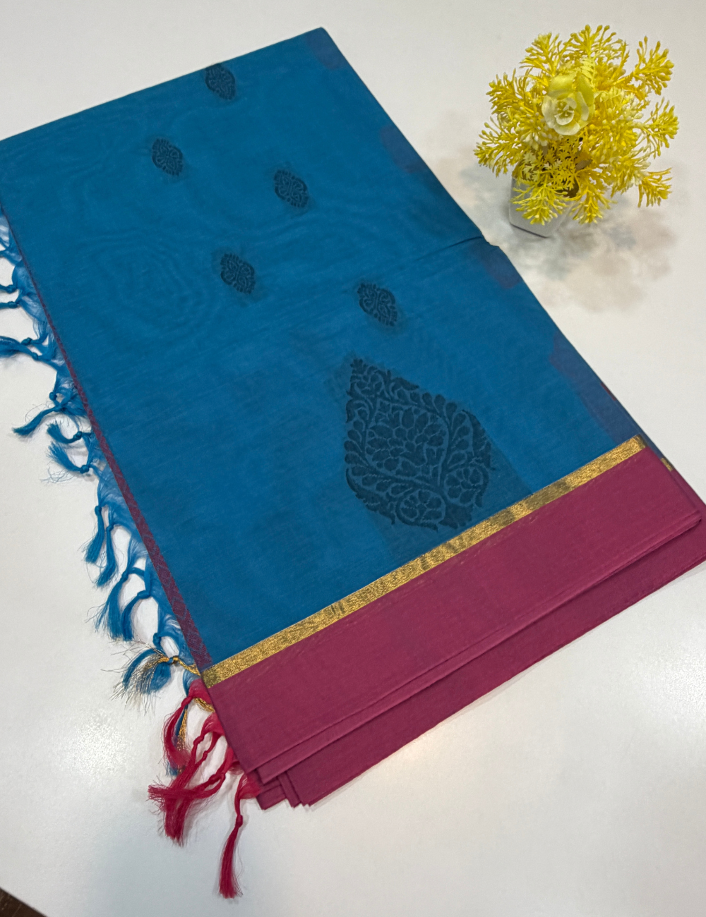 Negamam Pure Cotton Saree – Peacock Blue with Orchid Pink Border