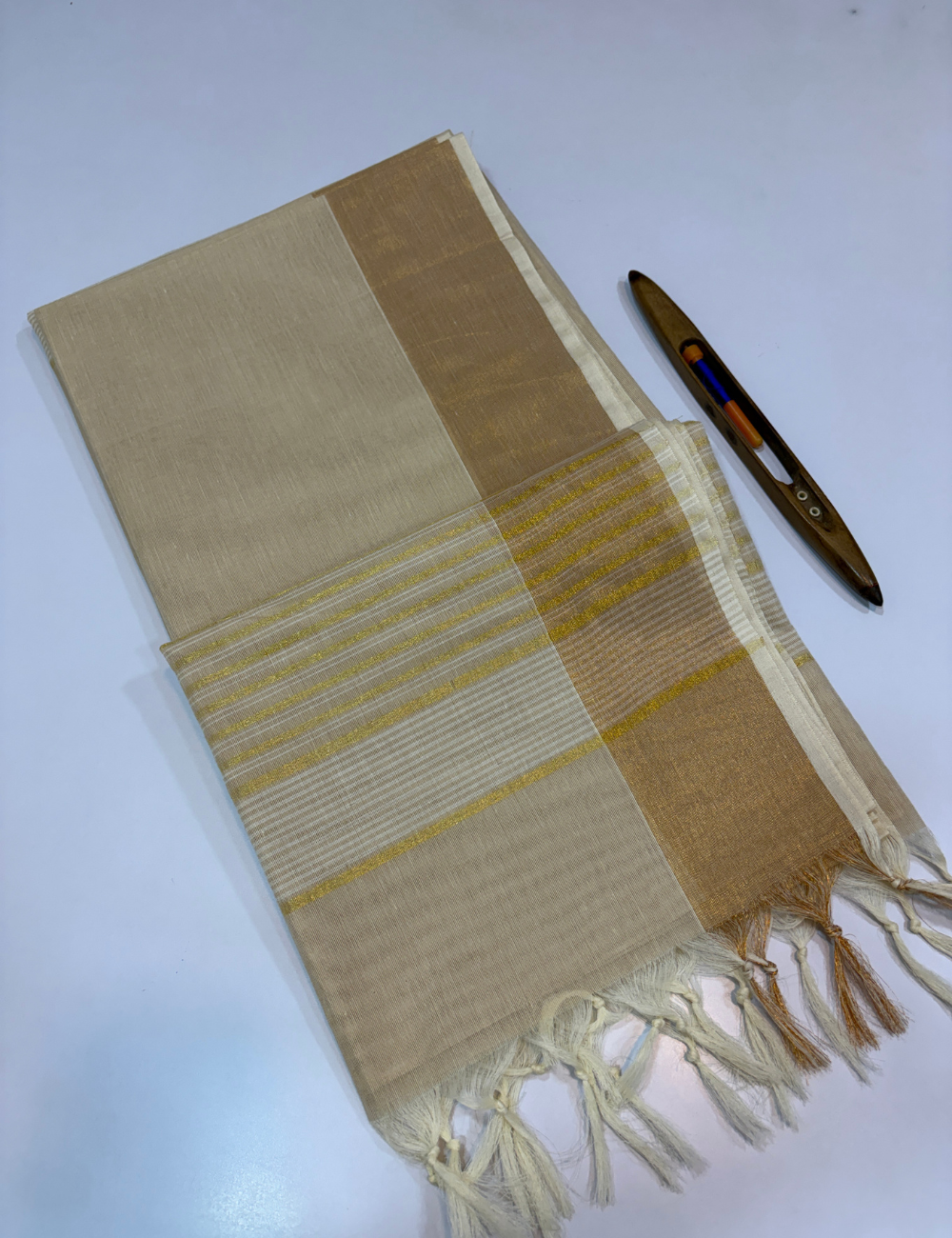 Negamam Pure Cotton Saree in Elegant Ivory Beige with Golden Zari Border | Self Design Pallu & Blouse
