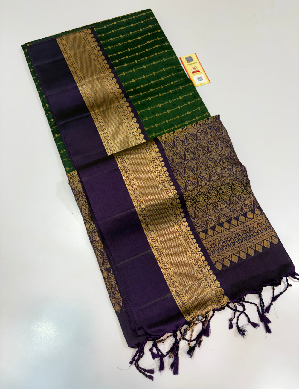Bottle Green Full Brocade Bridal Handloom Pure Soft Silk Saree with Purple Contrast Kanchi Border | Silk Mark Certified