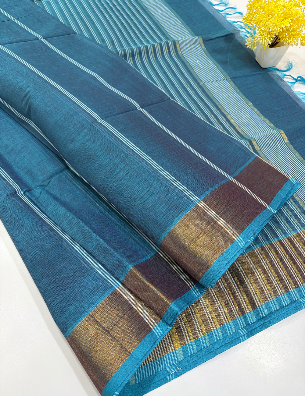 Ocean Teal Pure Cotton Saree with Copper Gold Jari Border