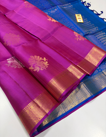 Rich Magenta Pink Dual Tone Blue Pallu & Blouse Kanchi Border Handloom Pure Soft Silk Saree