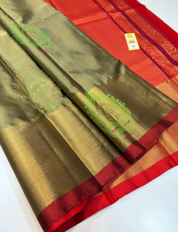 Greyish Gold Handloom Pure Soft Silk Saree with Silk Mark | Self Colour Kanchi Border with Gold Zari Buttas