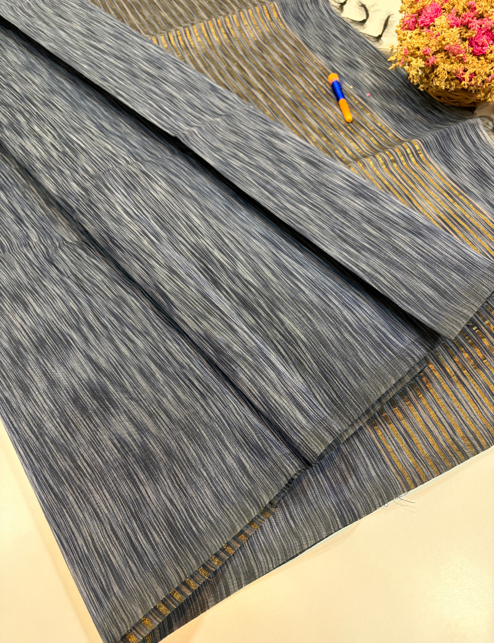 Negamam 80s Count Pure Cotton Saree in Teal Grey | Tie & Dye Weaving | Borderless | Self Colour Pallu | Plain Blouse