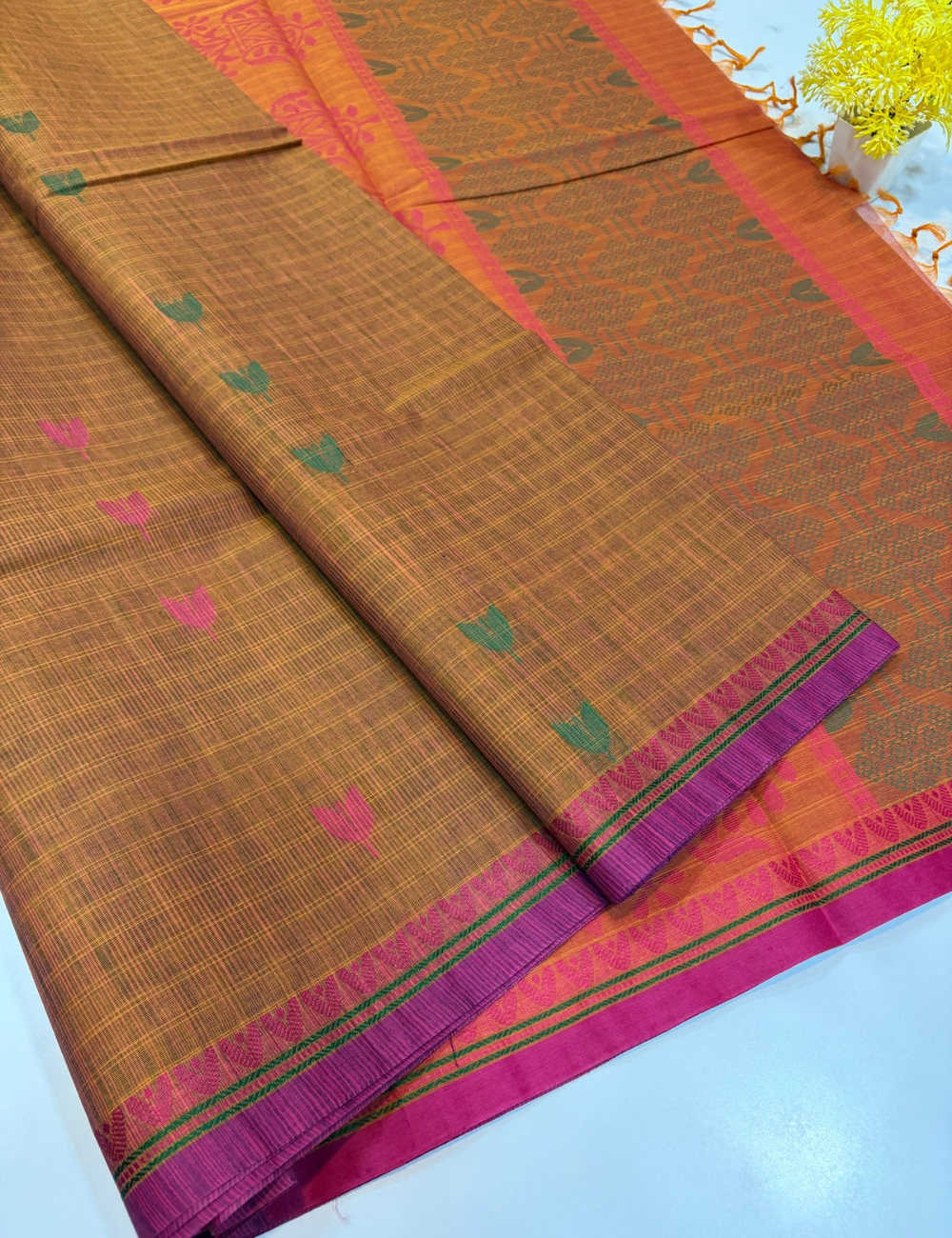 Mustard Yellow Handloom Pure Cotton Saree with Checkered Grid Pattern & Self-Color Pallu | 100-Count Negamam Cotton