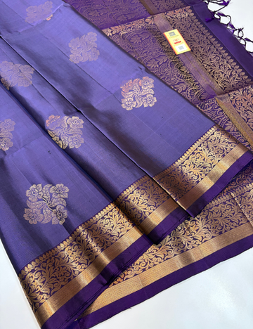 Blue-Toned Royal Purple & Deep Aubergine Purple Kanchi Border Handloom Pure Softsilk Saree