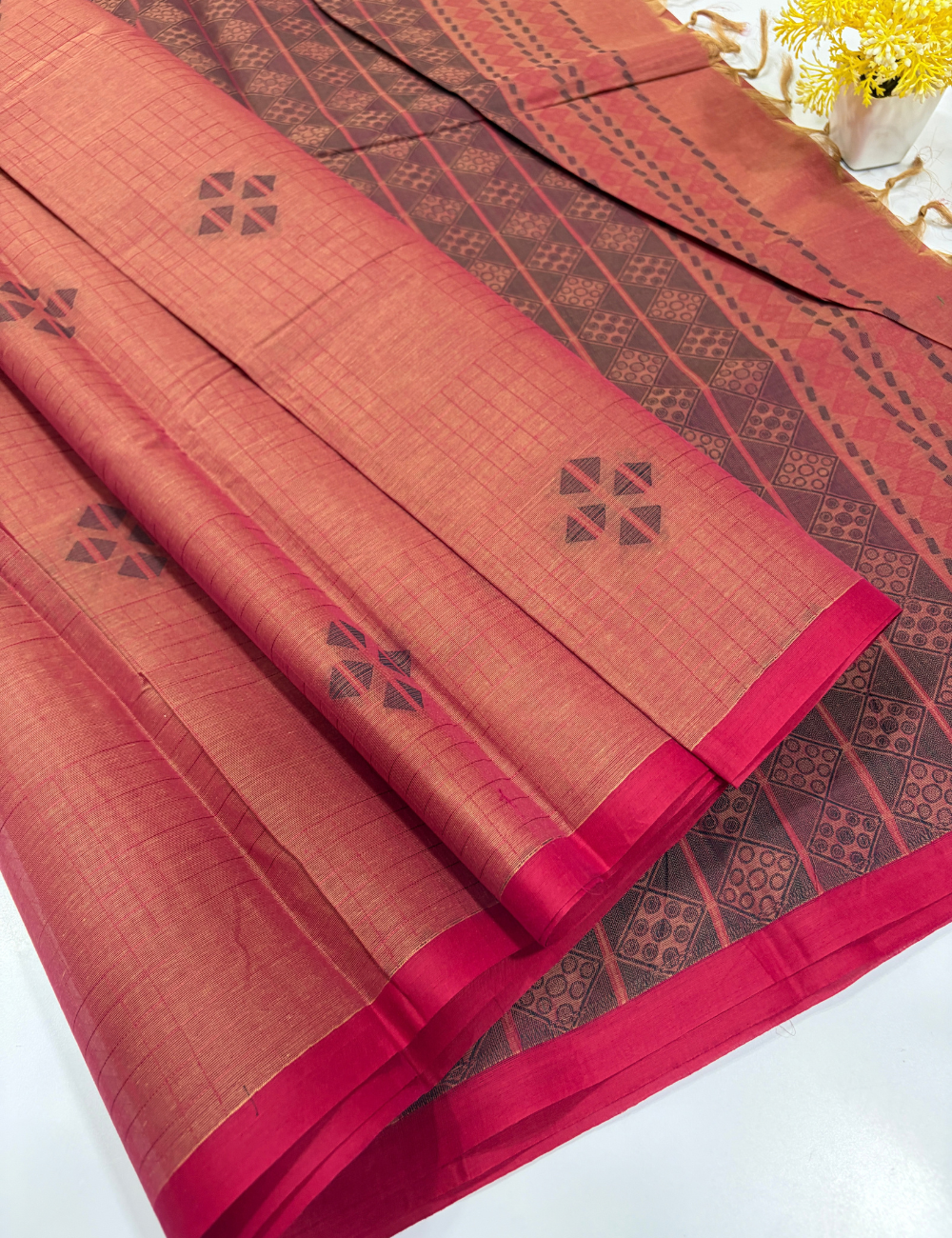 Pure Cotton Pochampally Coral Peach Checked Saree