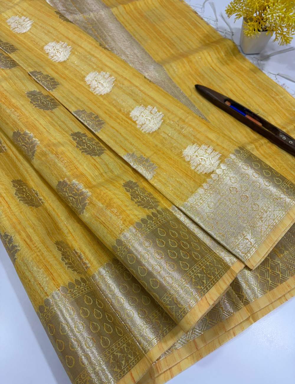 Yellow Matka Silk Cotton Saree with Full Zari Butta | Rich Zari Border & Brocade Blouse – Aadithya Handlooms