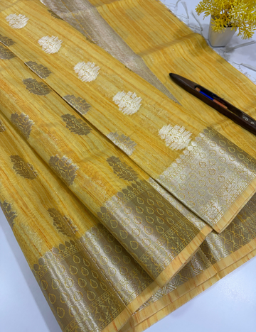 Yellow Matka Silk Cotton Saree with Full Zari Butta | Rich Zari Border & Brocade Blouse – Aadithya Handlooms