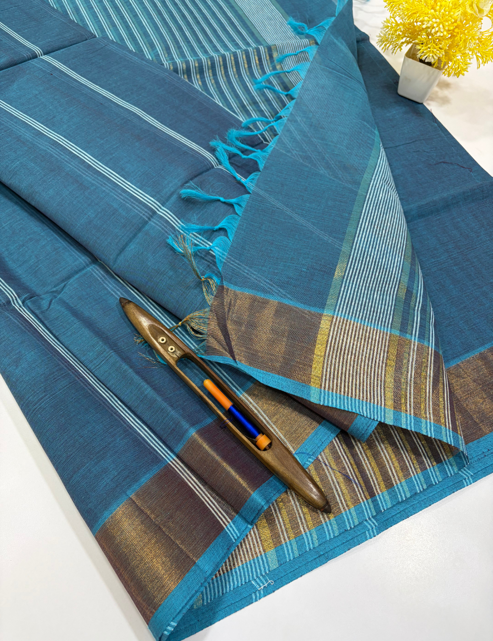 Ocean Teal Pure Cotton Saree with Copper Gold Jari Border