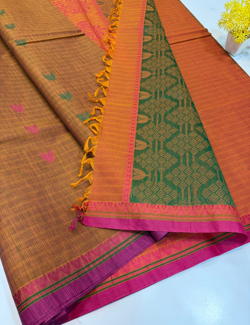 Mustard Yellow Handloom Pure Cotton Saree with Checkered Grid Pattern & Self-Color Pallu | 100-Count Negamam Cotton