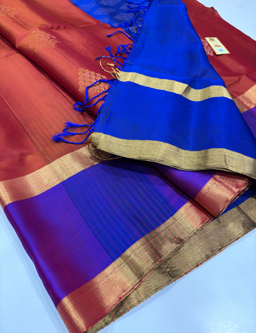 Tie & Dye Contrast Rettapet Border Meena Butta Handloom Pure Soft Silk Saree – Rust Orange & Blue