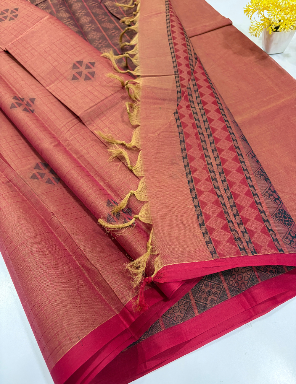 Pure Cotton Pochampally Coral Peach Checked Saree