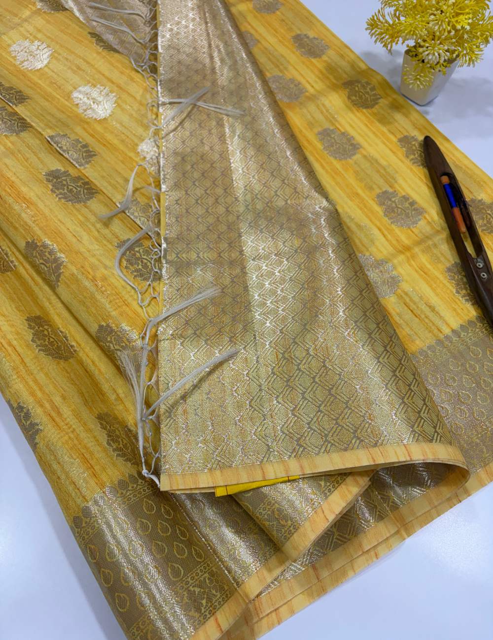 Yellow Matka Silk Cotton Saree with Full Zari Butta | Rich Zari Border & Brocade Blouse – Aadithya Handlooms