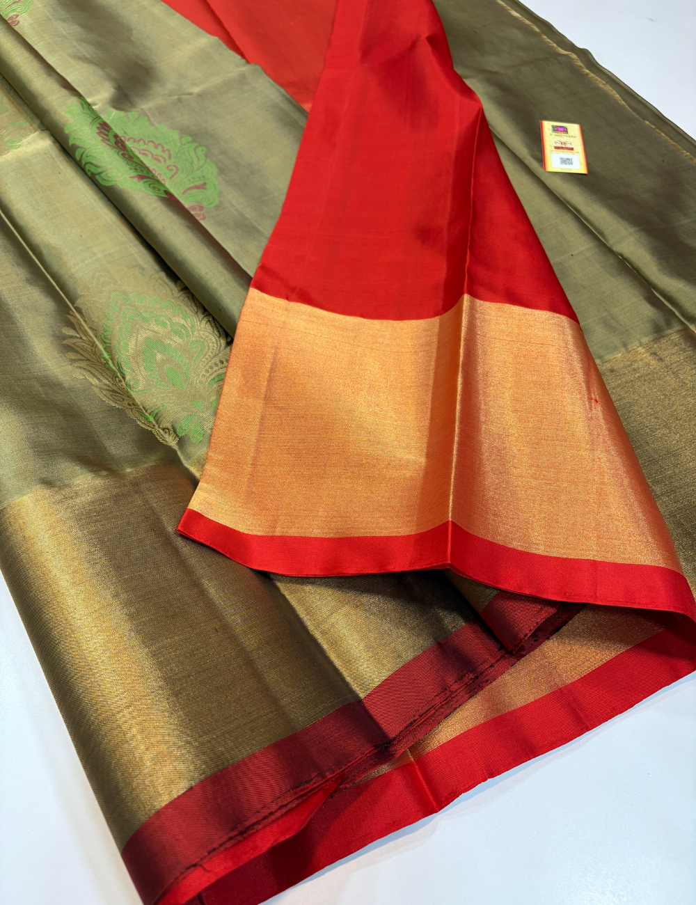 Greyish Gold Handloom Pure Soft Silk Saree with Silk Mark | Self Colour Kanchi Border with Gold Zari Buttas