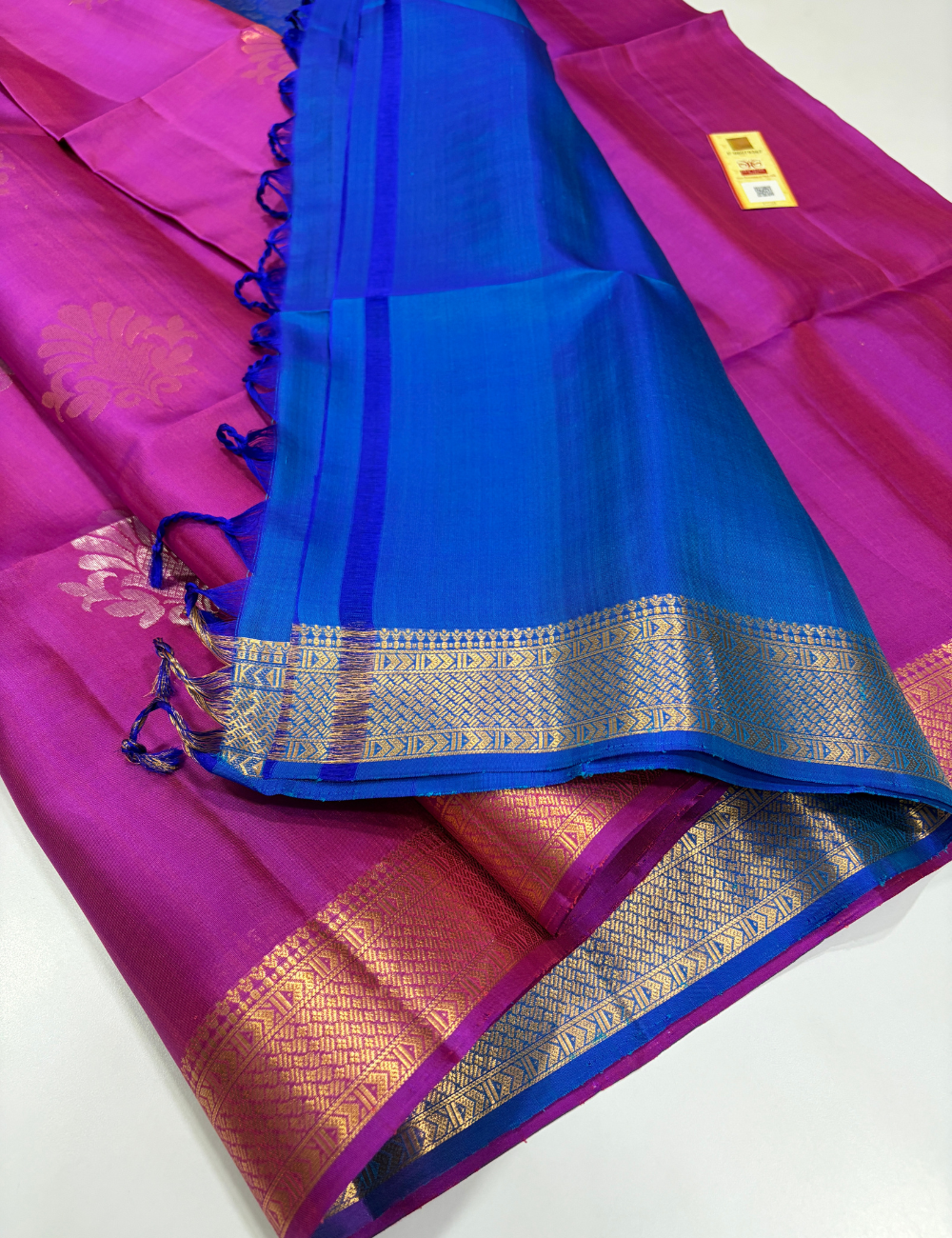 Rich Magenta Pink Dual Tone Blue Pallu & Blouse Kanchi Border Handloom Pure Soft Silk Saree