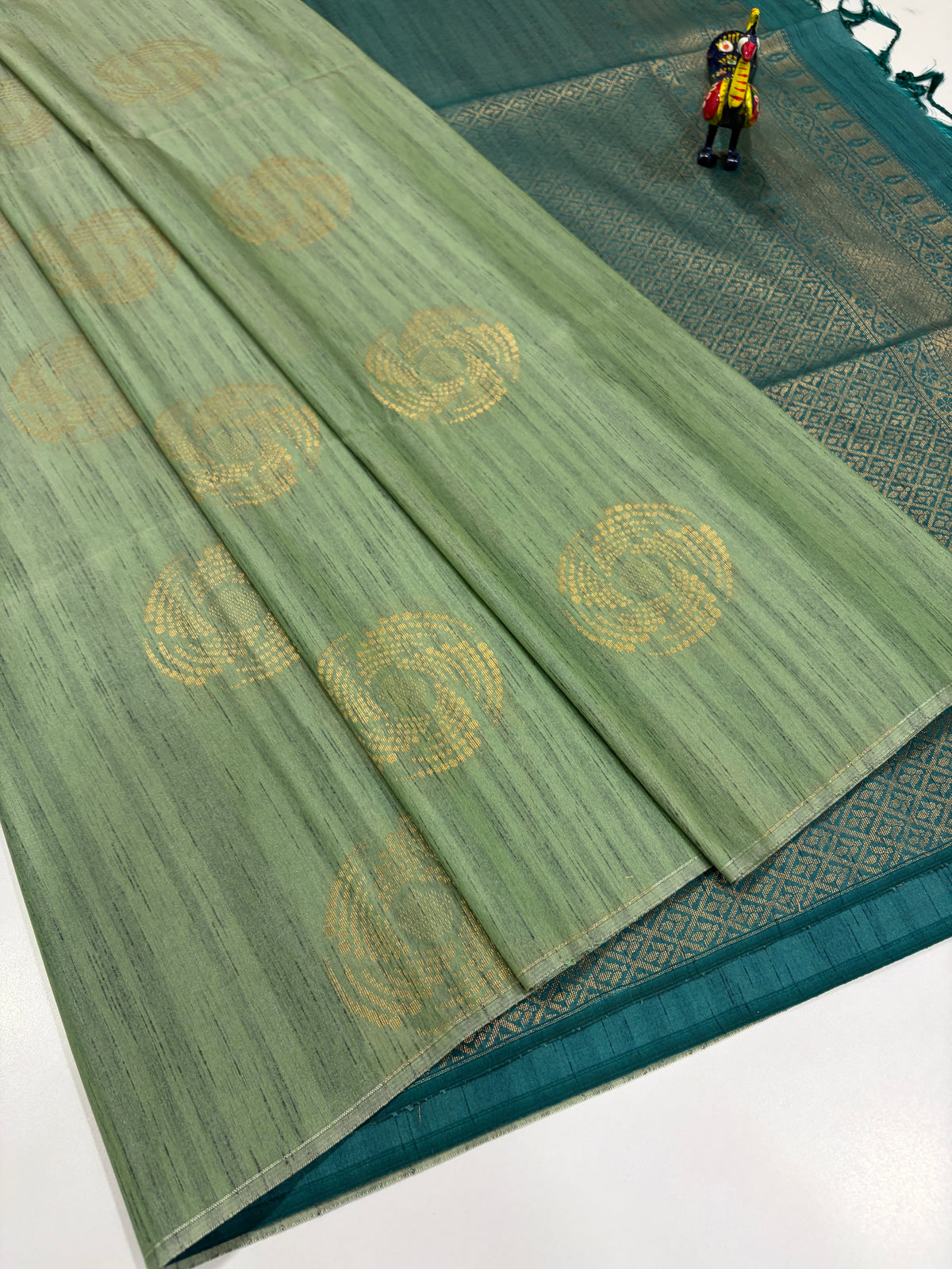 Sage Green with Teal Blue Contrast – Handloom Semi Raw Softsilk Saree
