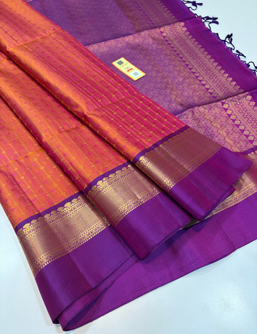 Orangish Pink Full Brocade Bridal Handloom Pure Soft Silk Saree with Purple Contrast Kanchi Border | Silk Mark Certified