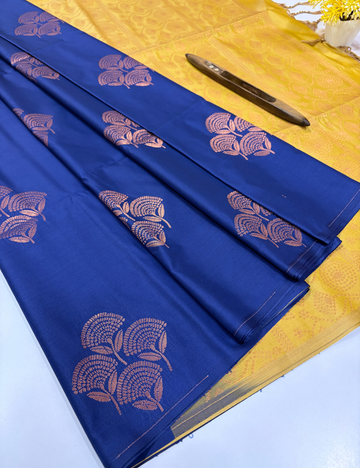 Borderless Semi Softsilk Saree in Navy Blue with Mustard