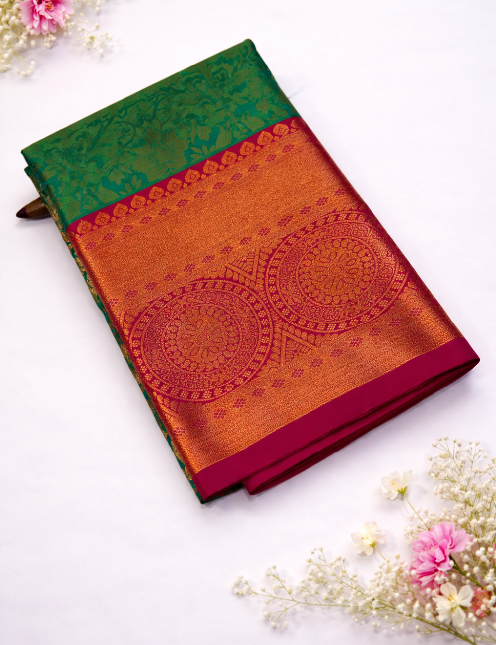 Semi Bridal Kanchi Silk Saree – Rama Green with Magenta Pink