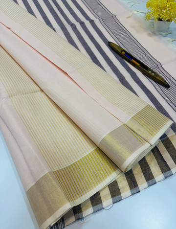 Negamam Pure Cotton Saree in Soft Blush Pink with Golden Zari Border | Striped Pallu & Self Blouse