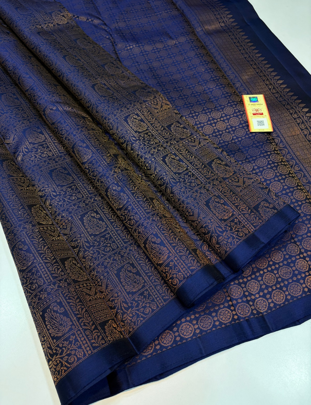 Navy Blue Handloom Pure Soft Silk Saree with Full Gold Zari Brocade Weaves, Borderless Design & Matching Blouse | Silk Mark Certified