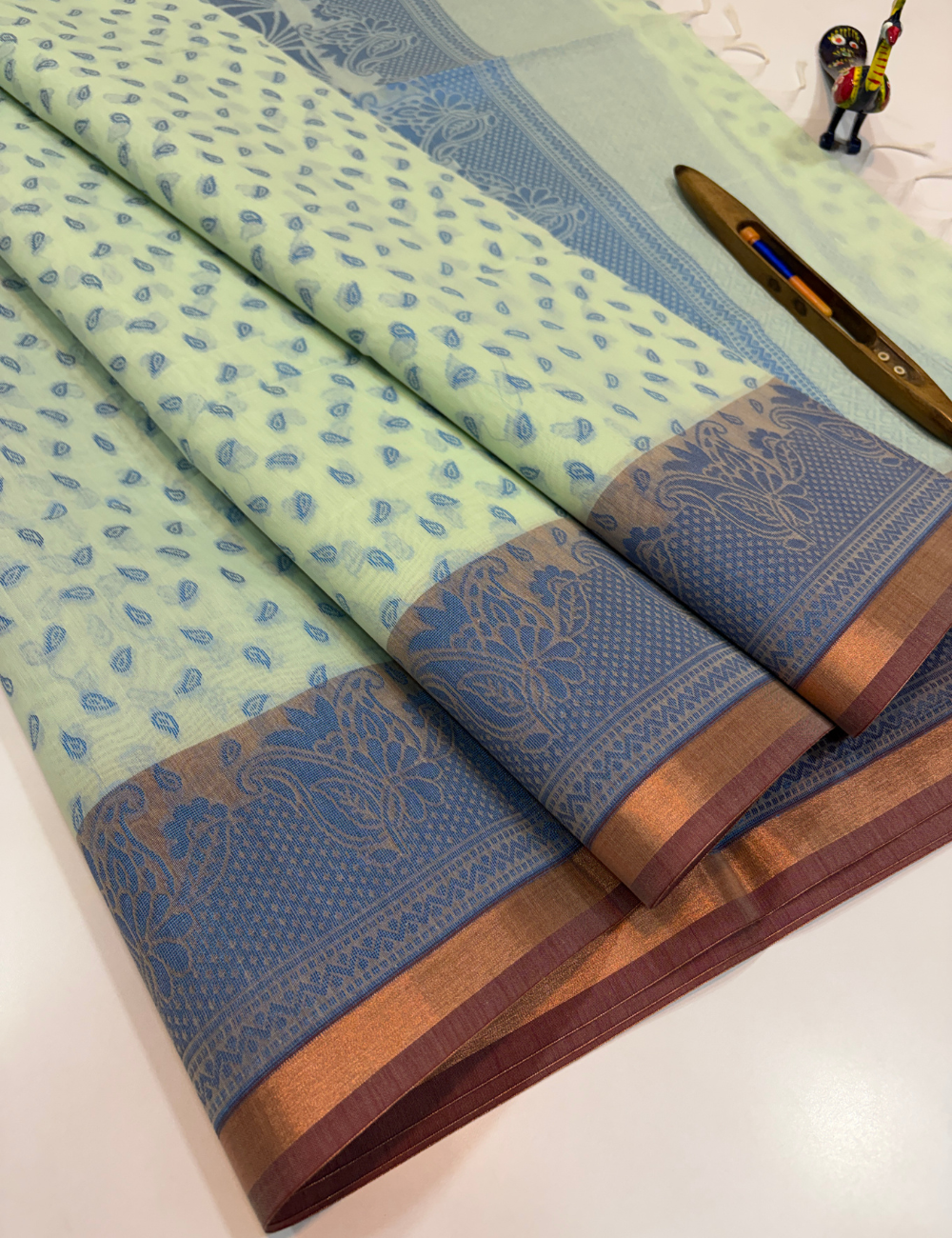 Ocean Blue Semi Silk Cotton Saree with Gold Jari Piping Border & Jacquard Blouse | Turning Border