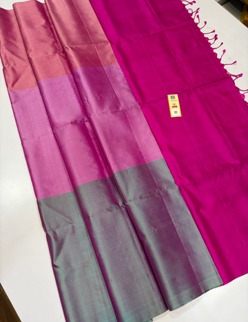 Tricolour Body Pure Soft Silk Saree with Rani Pink Pallu & Blouse | Elegant Borderless Designer Saree
