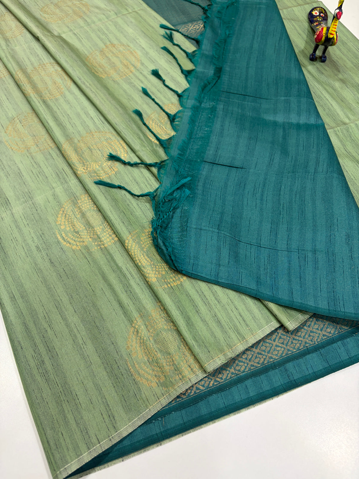 Sage Green with Teal Blue Contrast – Handloom Semi Raw Softsilk Saree