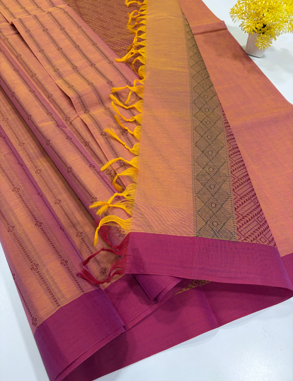 Negamam Pure Cotton Vairaoosi Design Saree – Peach & Magenta
