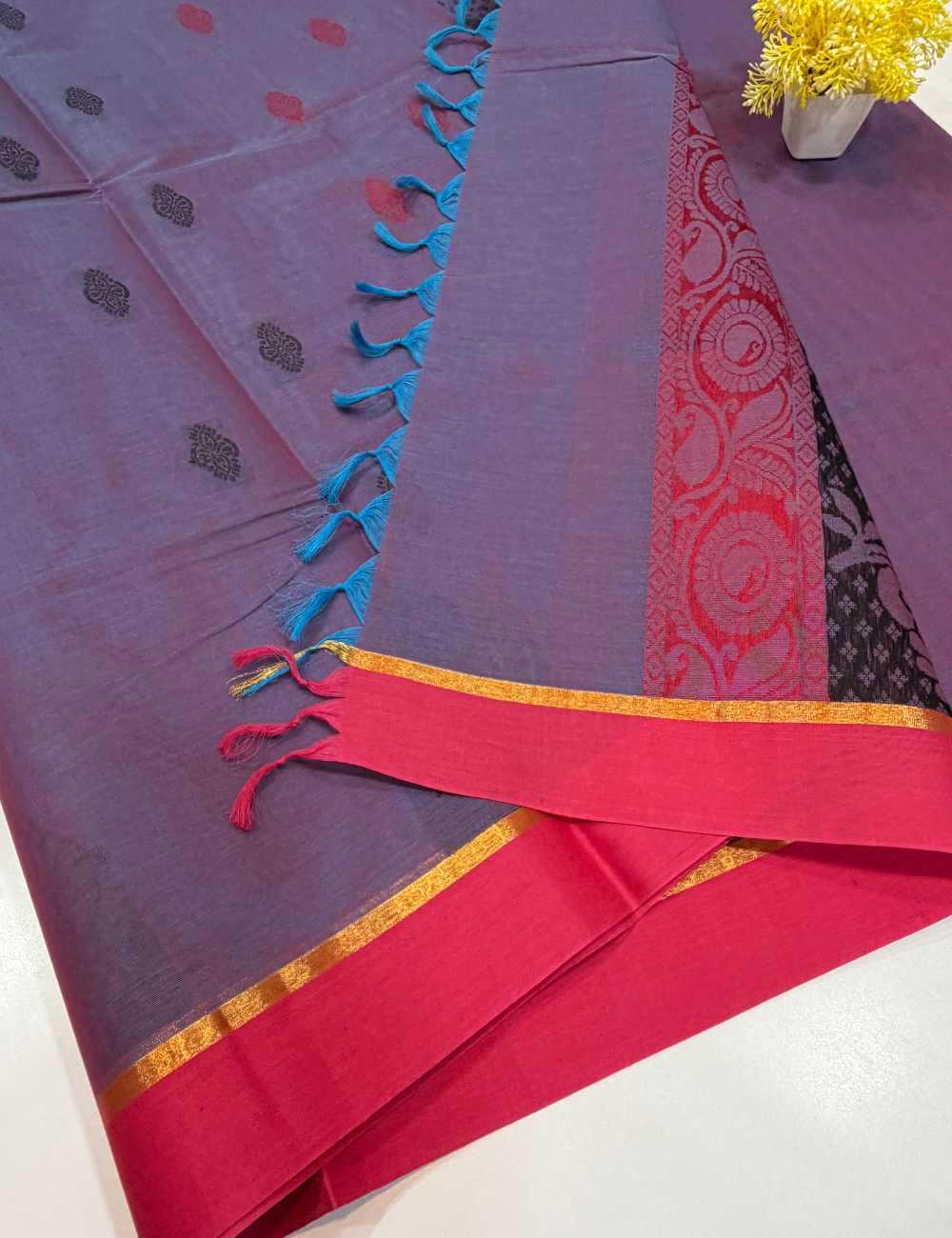 Negamam Pure Cotton Saree – Lavender Mist with Hot Pink Border